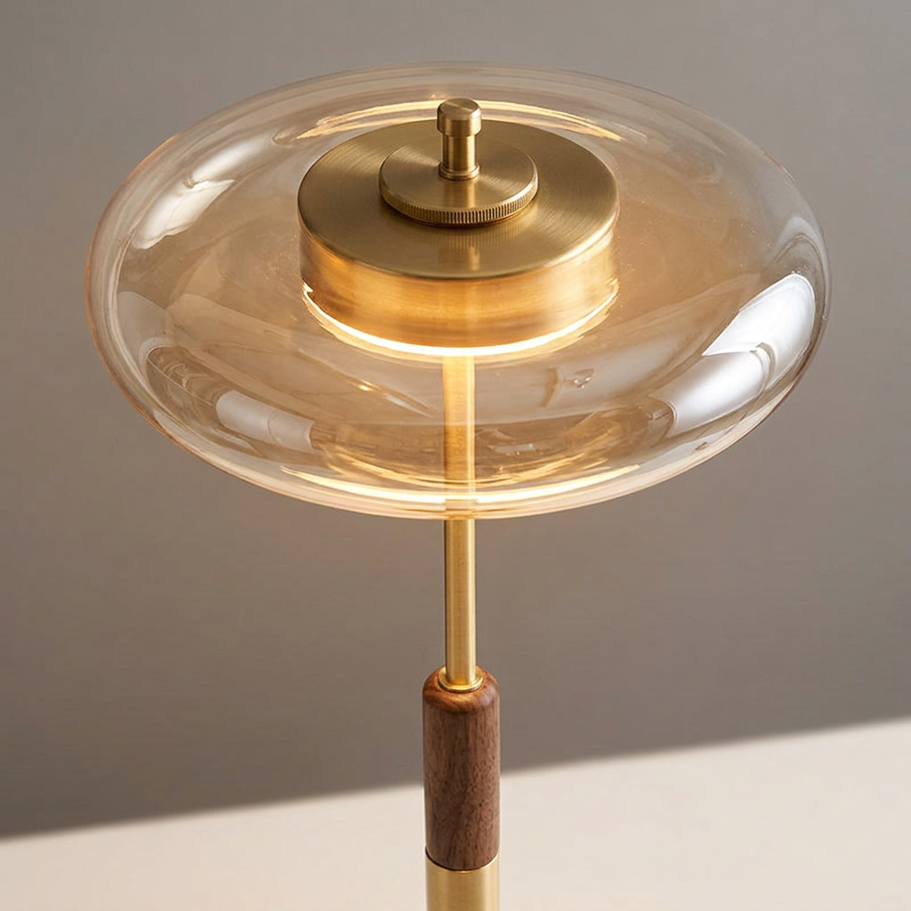 Brass Walnut Floor Lamp - glass and brass close-up detail