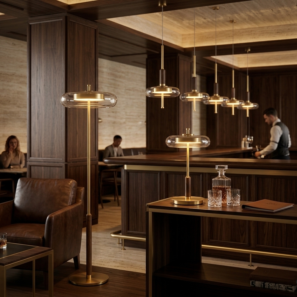 A modern brass floor lamp with a clear glass dome shade stands in a warm, upscale bar or lounge setting with dark wood paneling and hanging pendant lights. A matching table lamp is visible on a wooden counter in the foreground, with a leather chair and bar seating in the background.