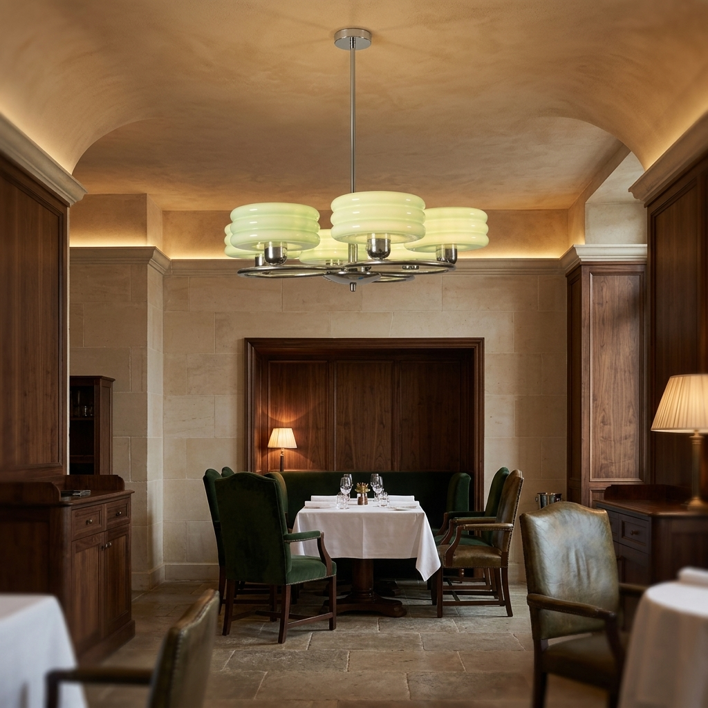 A modern multi-light chandelier with frosted cylindrical glass shades hangs over a dining table in a warm, elegant restaurant or dining room with wood paneling, stone floors, and green upholstered chairs.