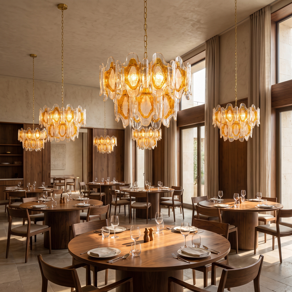 A large multi-light chandelier with amber and clear glass petal-like shades hangs over a round wooden dining table in a modern restaurant with warm wood walls, other hanging lights, and tall windows.