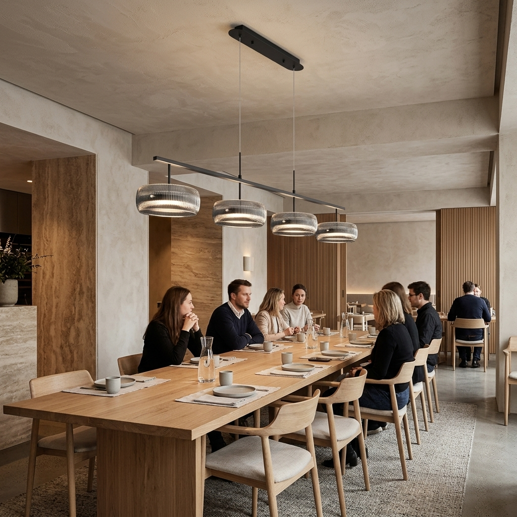 A long wooden dining table with light wood chairs in a modern, warm-toned conference or dining room. Several people are seated around the table, and the space is illuminated by a linear pendant light with multiple silver and black shades.