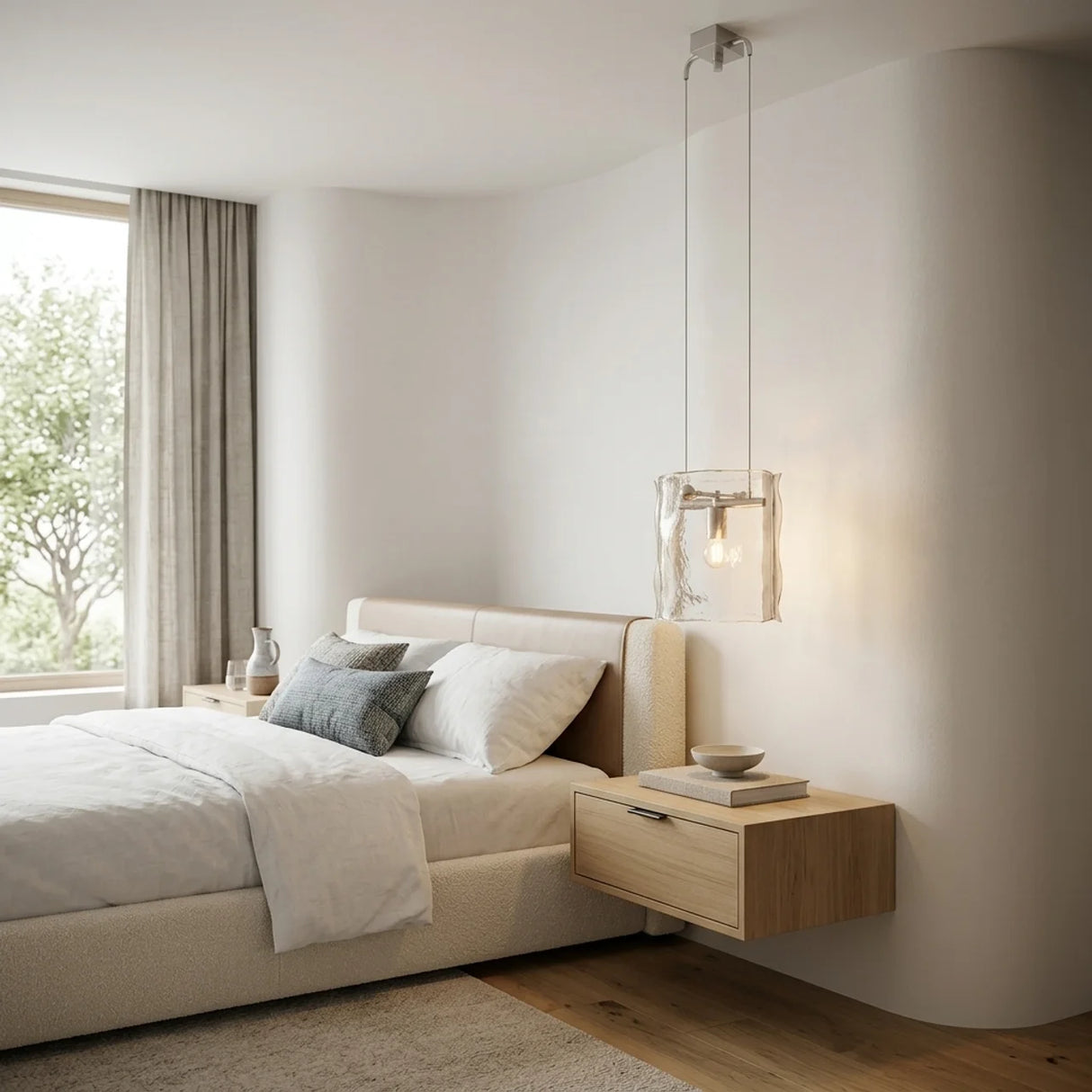 A modern bedroom scene featuring a light wood floating nightstand beside a bed with white bedding and gray pillows, illuminated by a clear glass cylindrical pendant light with a warm glowing bulb.
