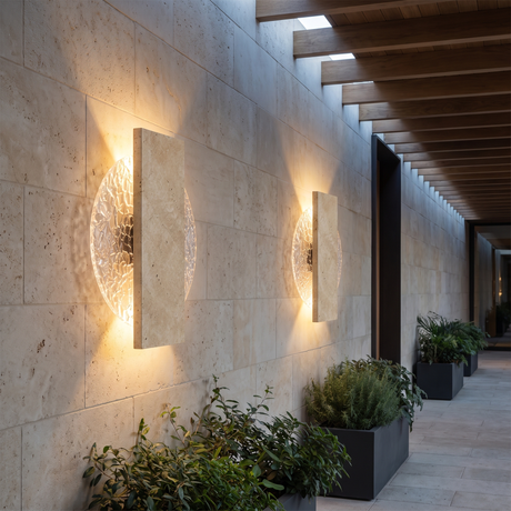 IP65 Outdoor Waterproof Travertine Wall Sconce – 6W 22cm – Two Sconces in Hotel Corridor