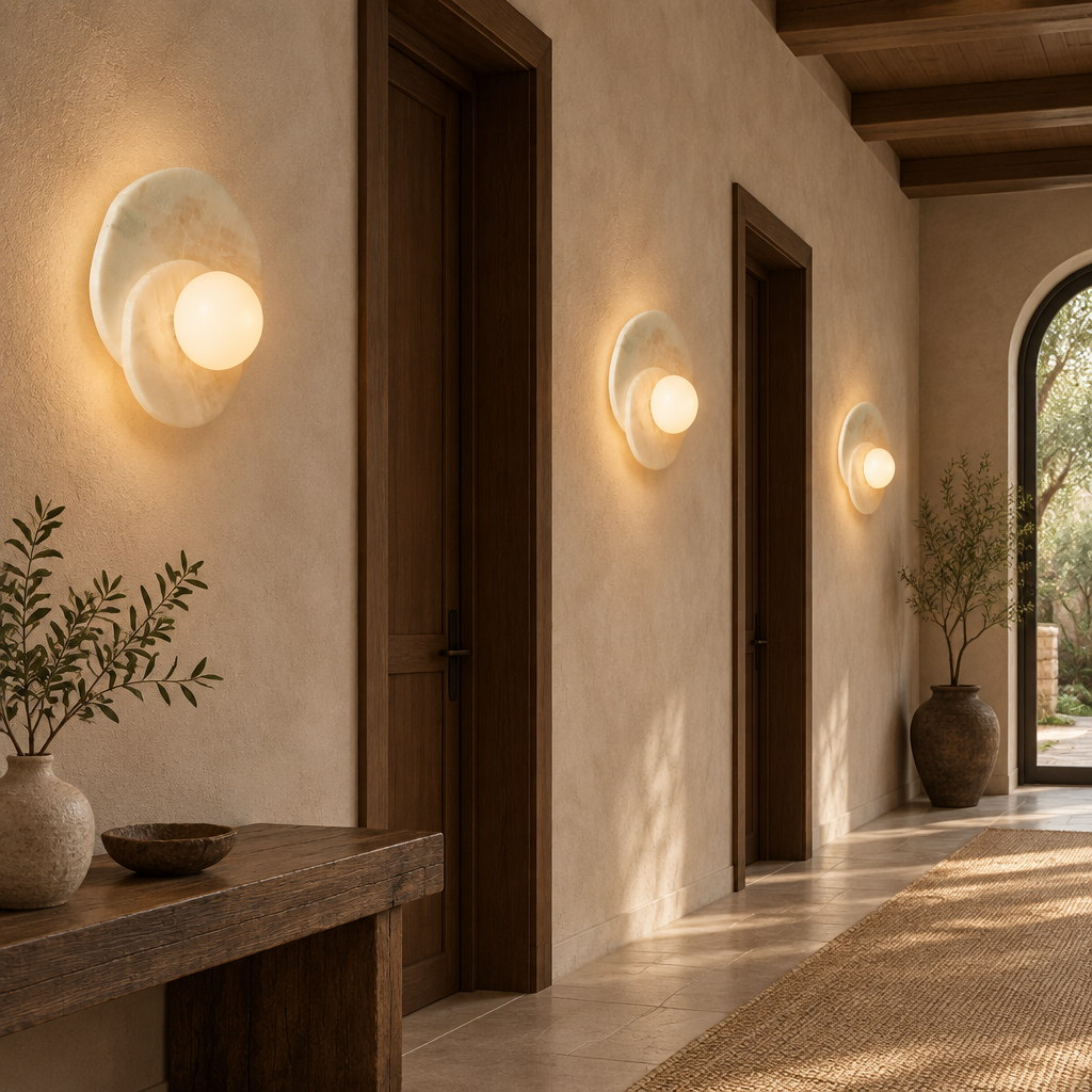 Natural jade wall lamp – Pale Jade – three lamps in villa corridor