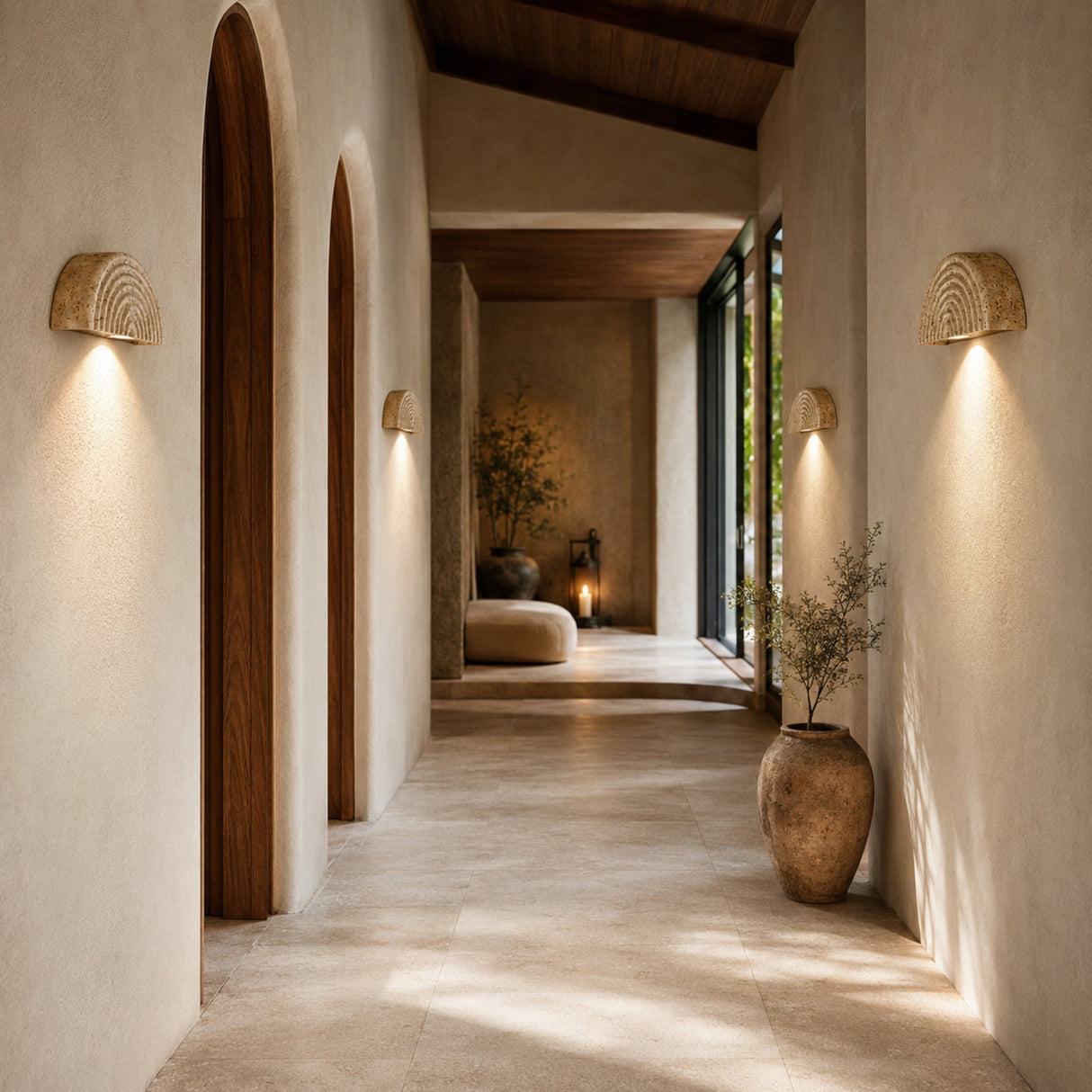 Kaeva yellow-stone wall sconces repeated along a spa hotel corridor