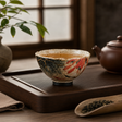 Lotus Koi Artisan Tea Bowl in a luxury Japandi tea setting