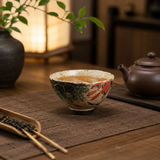 Lotus Koi Artisan Tea Bowl styled in a warm luxury Japandi tea setting