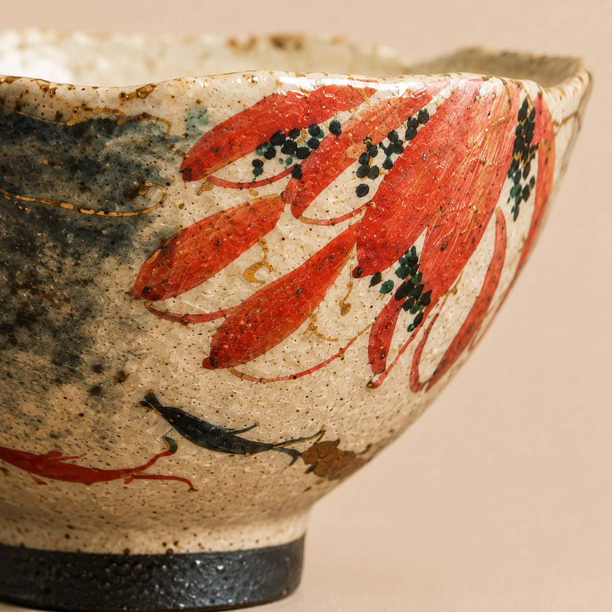 Macro close-up of the Lotus Koi Artisan Tea Bowl hand-painted artwork and ceramic glaze