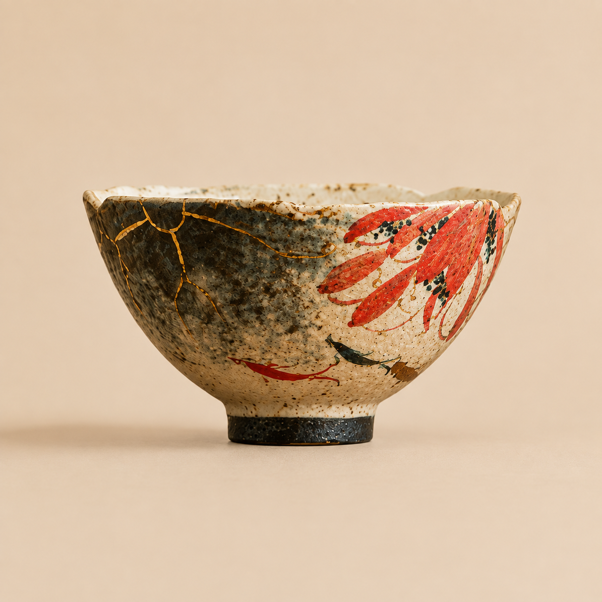 Lotus Koi Artisan Tea Bowl on a warm beige studio background