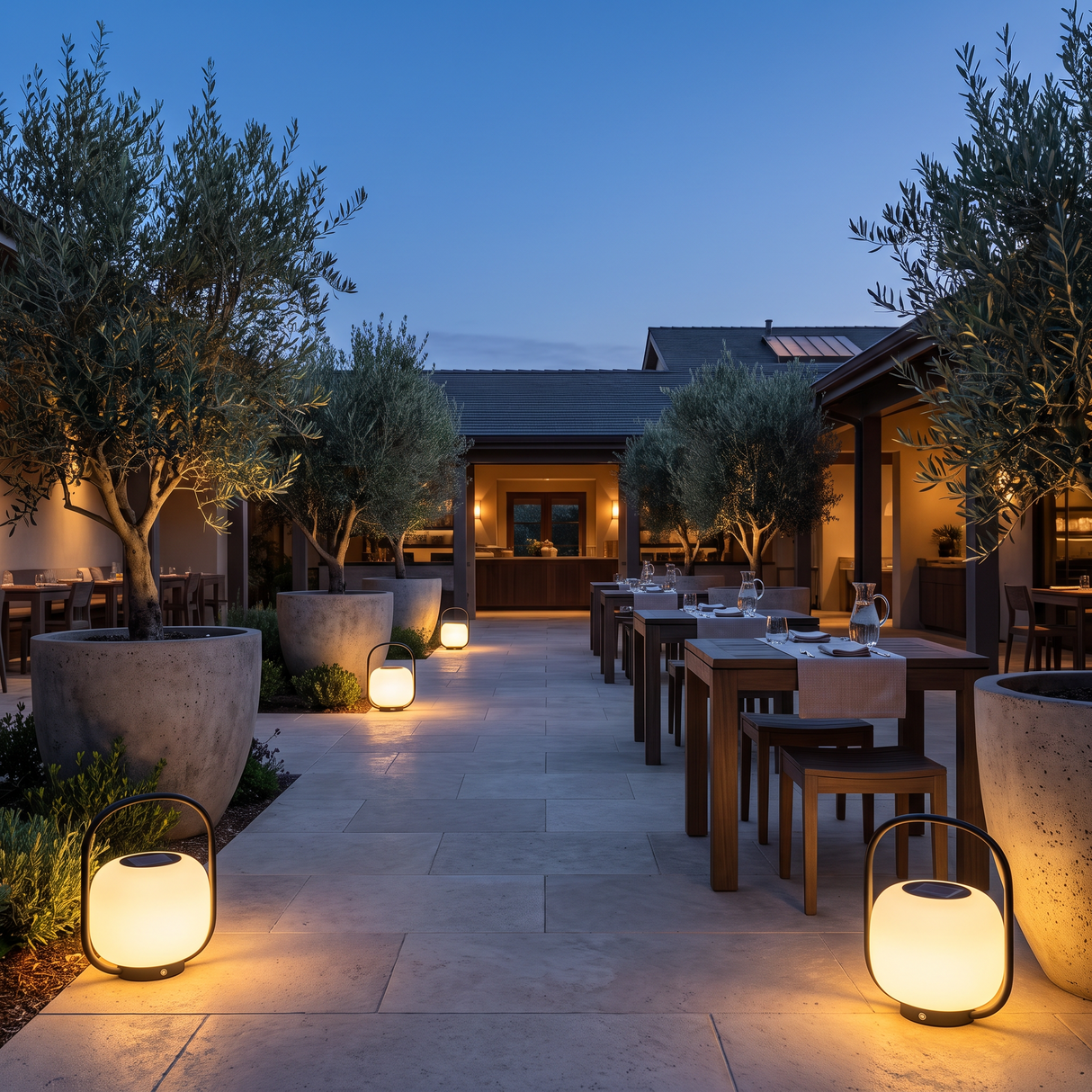 Luminous Solar LED Outdoor Floor Lamp – 26 × 39 cm – multiple lamps in restaurant courtyard