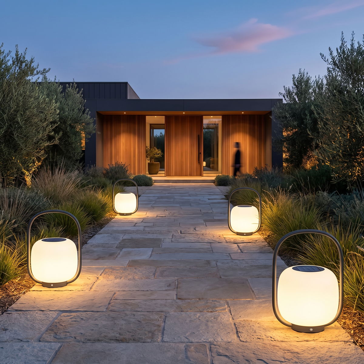 Luminous Solar LED Outdoor Floor Lamp – 35 × 52 cm – multiple lamps at boutique hotel entrance