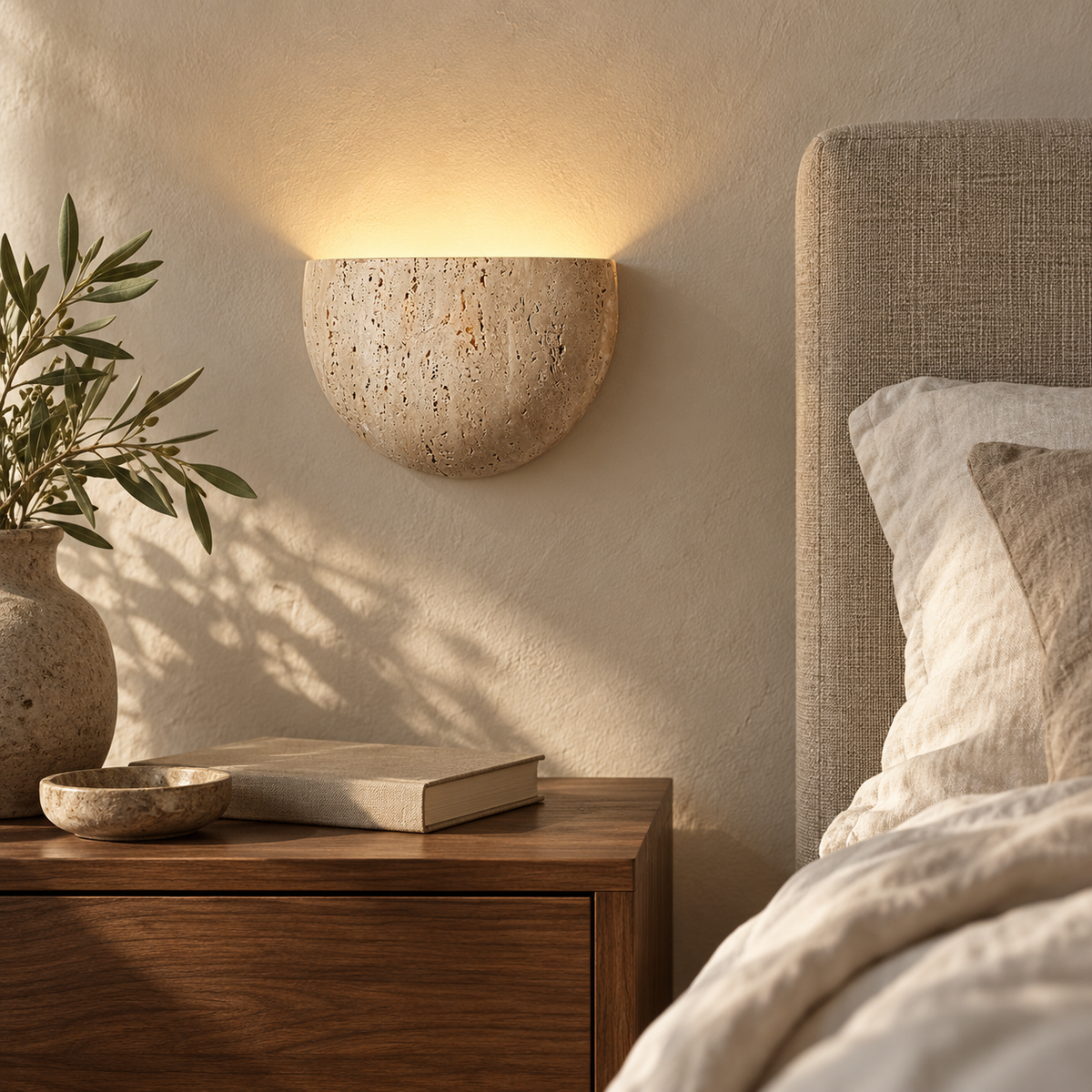 Lumo Travertine Wall Lamp casting warm uplight above a walnut bedside table beside a linen headboard.