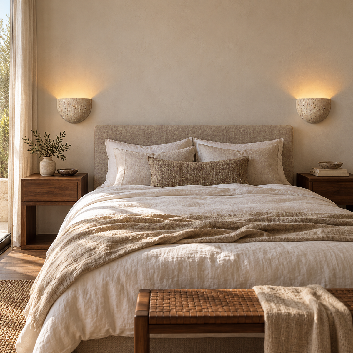 Two Lumo Travertine Wall Lamps casting warm uplight above walnut bedside tables in a neutral hotel bedroom.