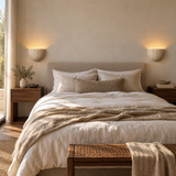 Two Lumo Travertine Wall Lamps casting warm uplight above walnut bedside tables in a neutral hotel bedroom.