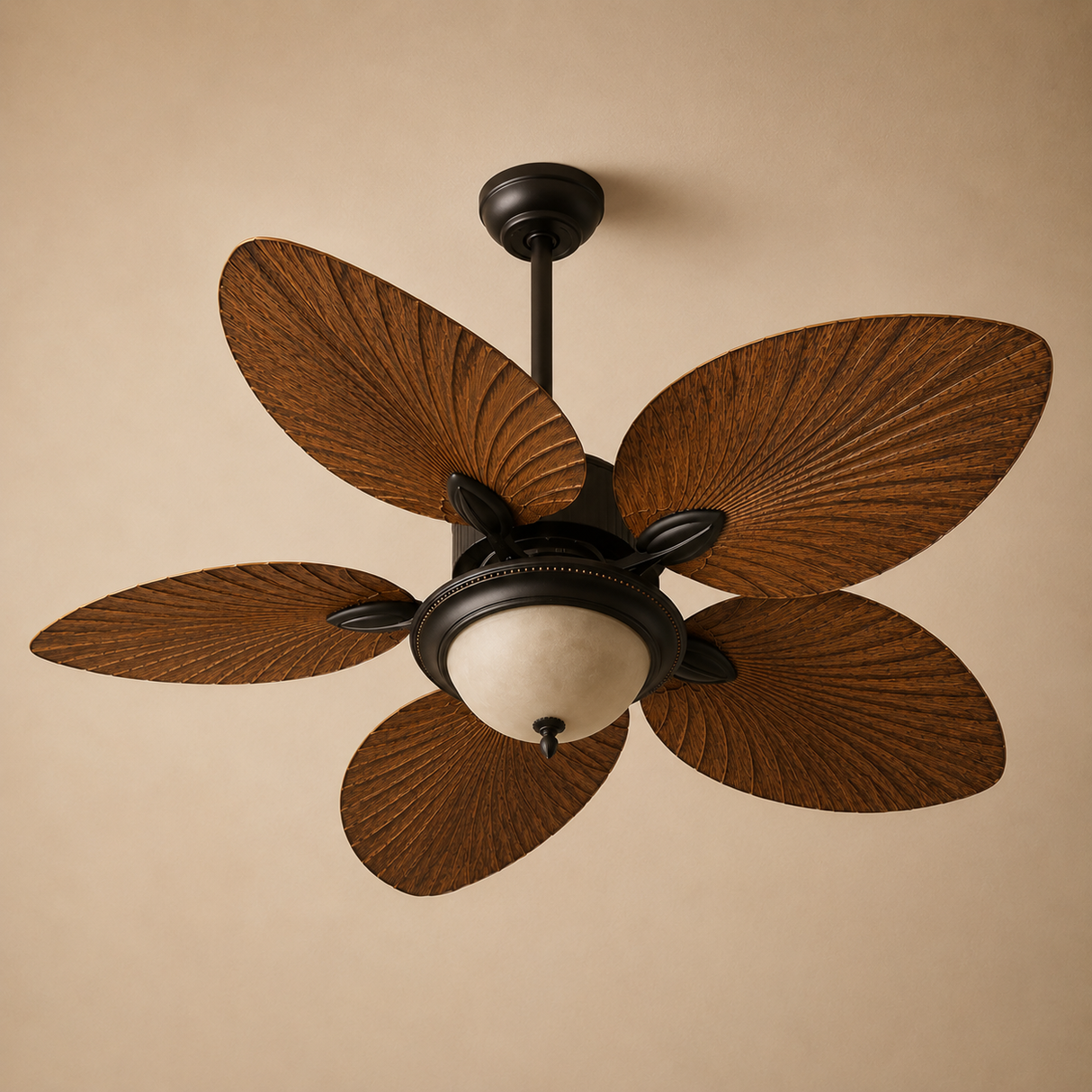 A five-blade ceiling fan with dark brown wood-look blades and a black metal frame, featuring a central dome light fixture, shown against a warm beige textured wall.