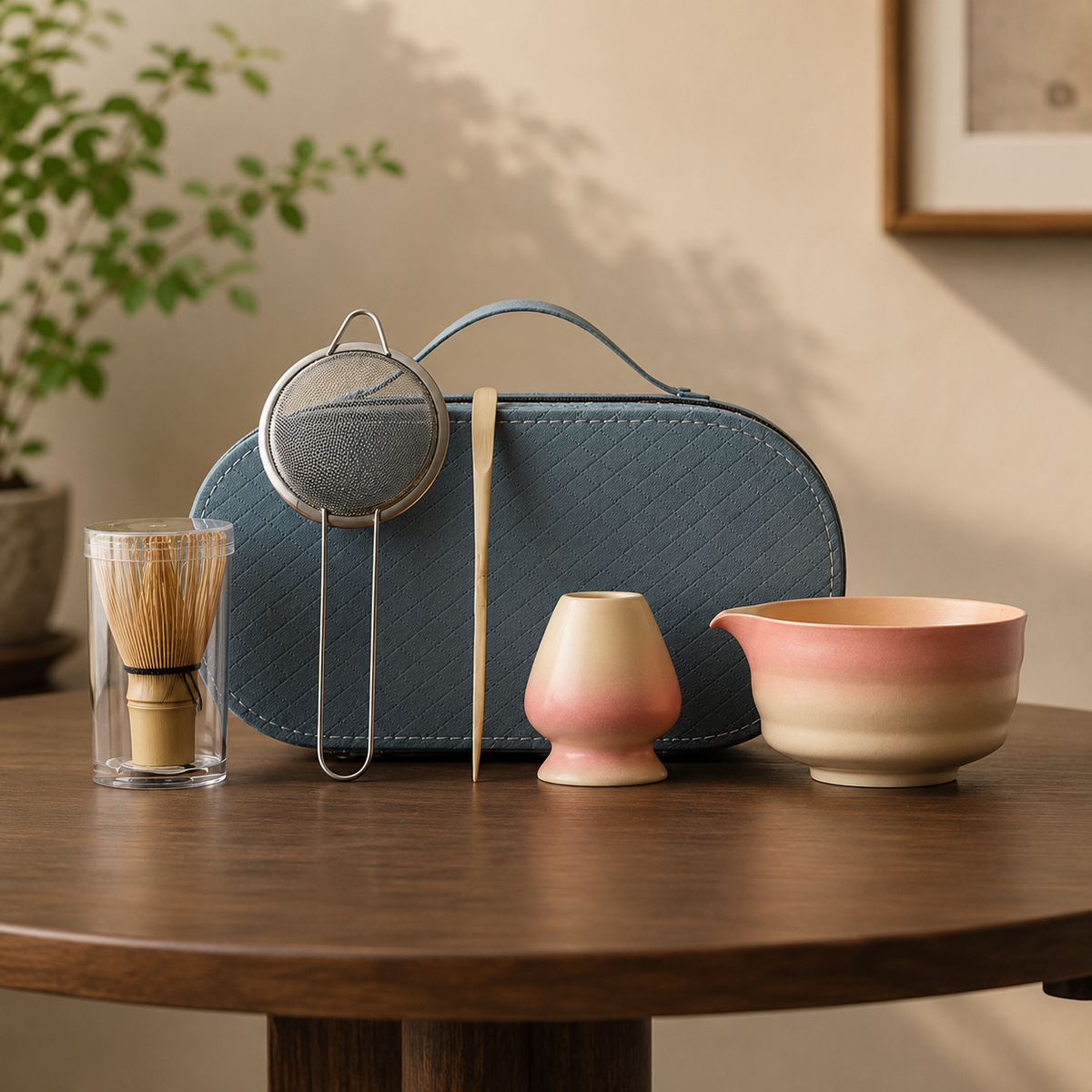 A styled tea preparation scene on a wooden table with a blue quilted carrying case, a metal tea strainer, a bamboo whisk in a glass holder, and two small ceramic vessels in soft pink, cream, and peach tones.