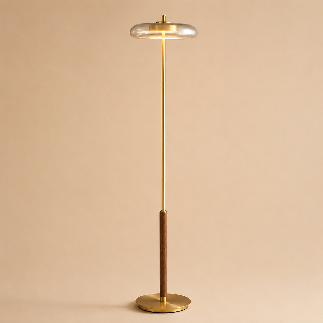 A modern floor lamp with a slim brass stand, a circular glass shade, and a dark brown wood accent, set against a solid beige background.