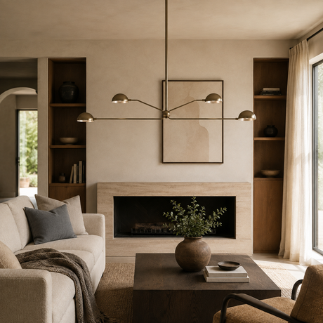 A modern living room interior with a beige sofa, dark wood coffee table, built-in wood shelving, a fireplace, and a brass multi-arm pendant light hanging above a framed abstract print.