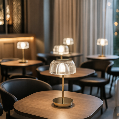 A modern table lamp with a ribbed clear glass dome shade and a brushed brass base, illuminated and placed on a wooden table in a softly blurred cafe or restaurant setting.