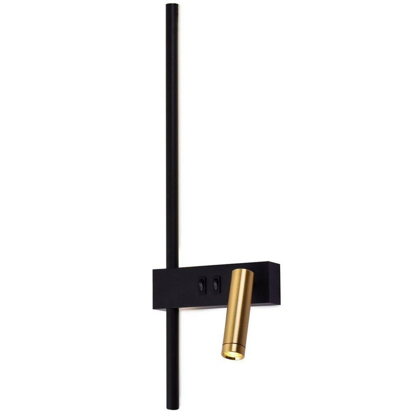 Modern wall light fixture with black and gold design on a white background