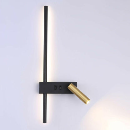 Modern wall light fixture with black and gold design on a white background