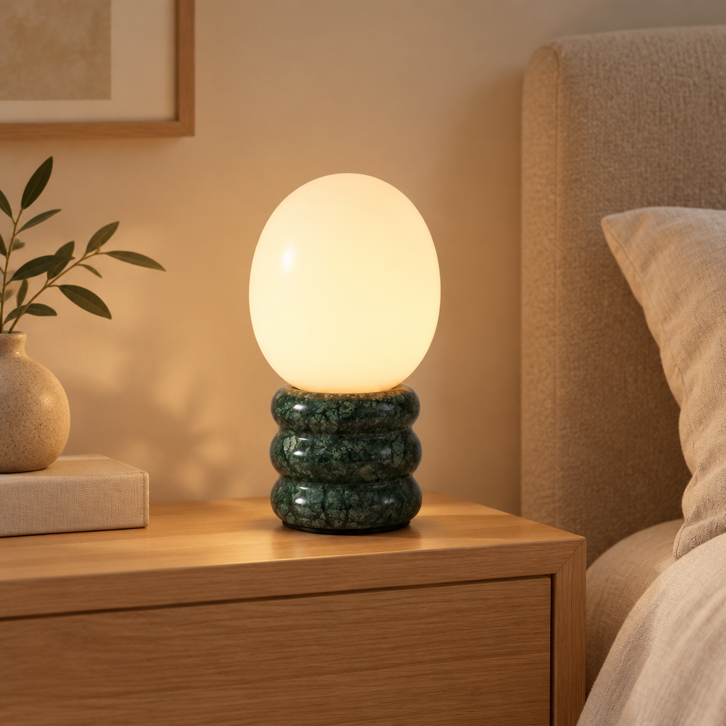 Green egg-shaped table lamp with dark green stone base in a warm modern bedroom