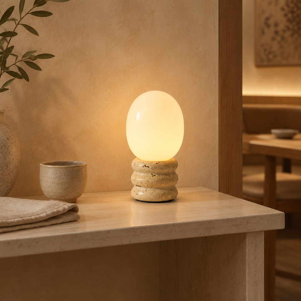 Yellow travertine egg-shaped table lamp in a warm Japandi interior