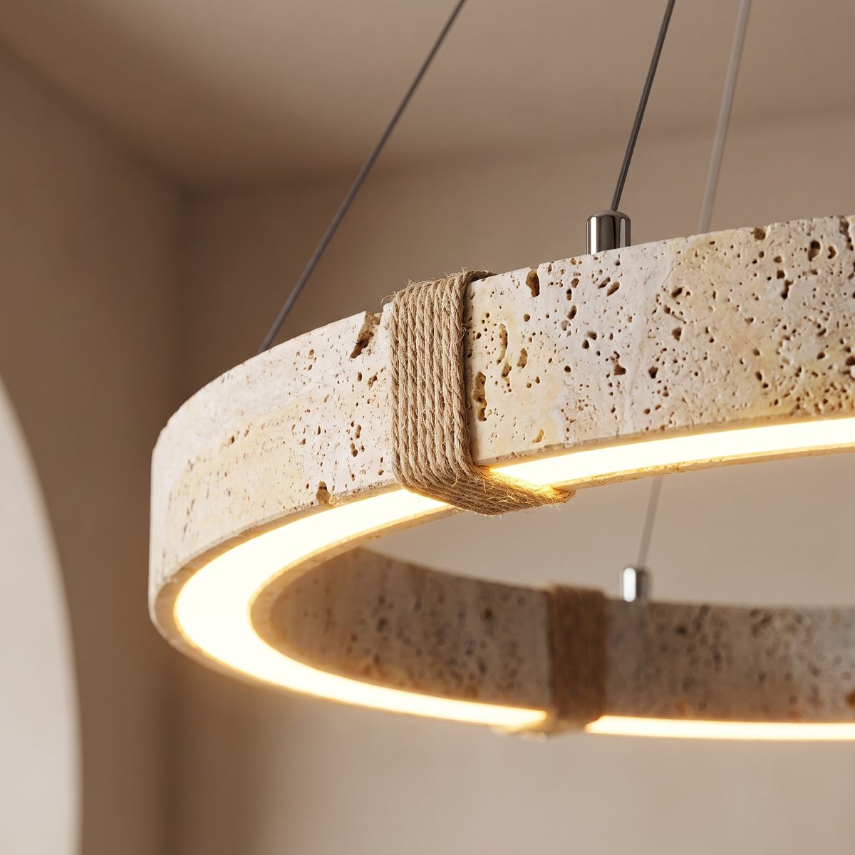 Modern Natural Yellow Travertine Square Pendant Light – Light Yellow 50 cm – travertine ring close detail