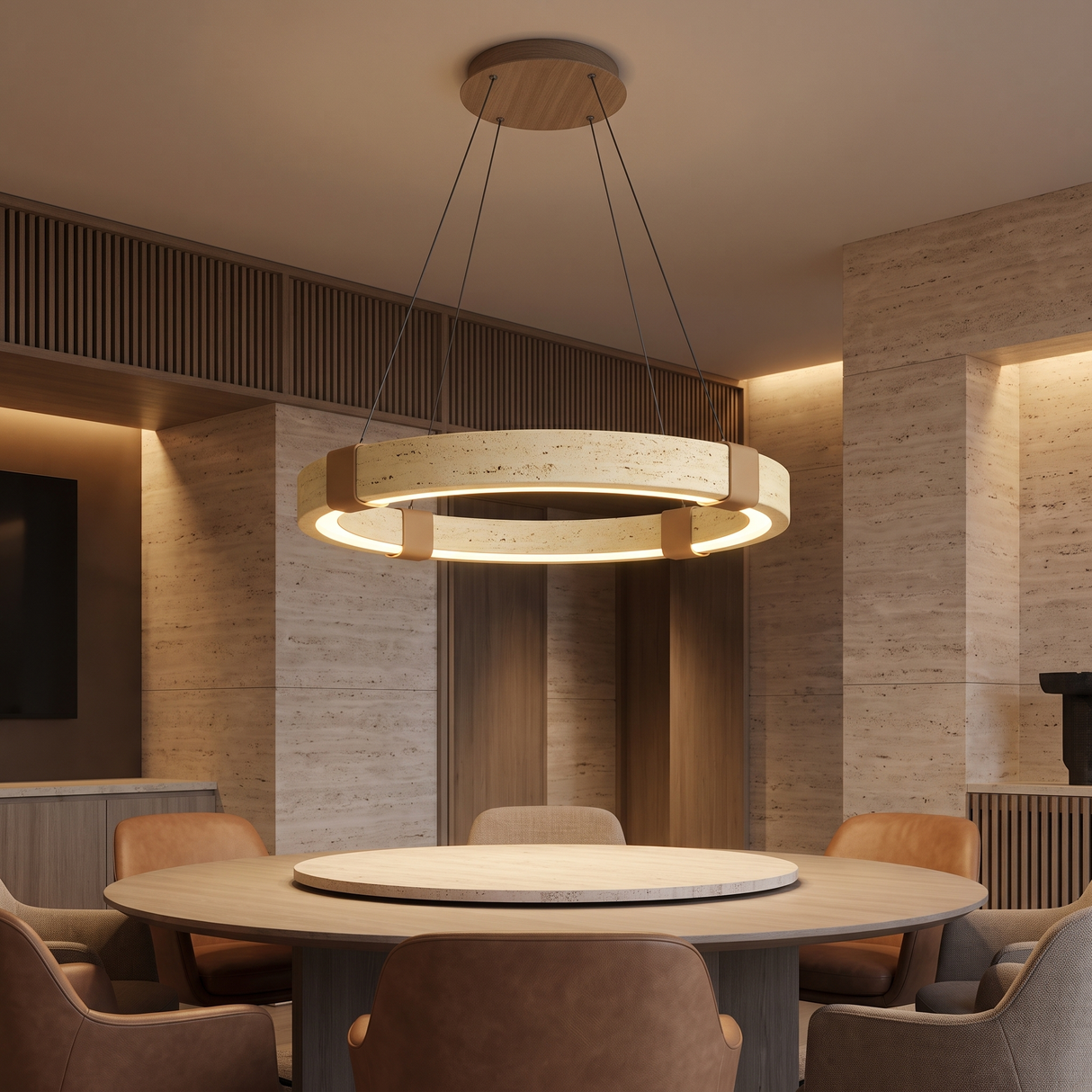 Modern Natural Yellow Travertine Square Pendant Light – Light Yellow 60 cm – boutique hotel lounge setting