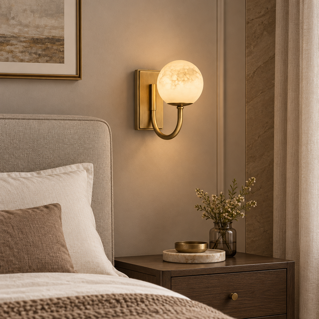Natural alabaster globe wall light – bedroom bedside setting