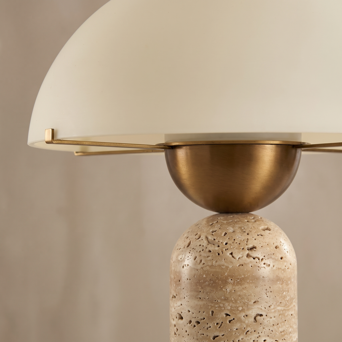 Natural Marble Base Mushroom Table Lamp – Travertine – shade and stone close detail