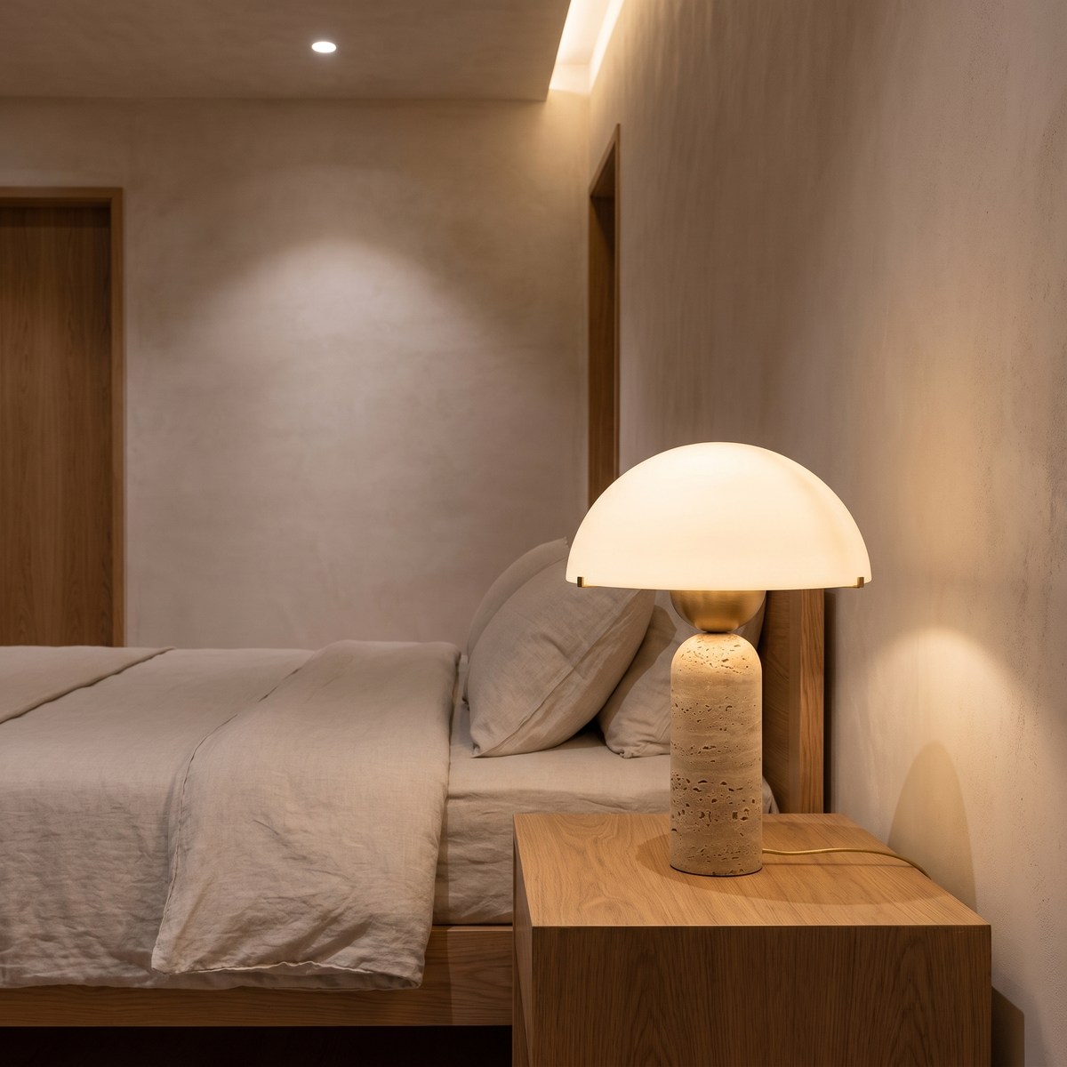 Natural Marble Base Mushroom Table Lamp – Travertine – modern bedroom lifestyle