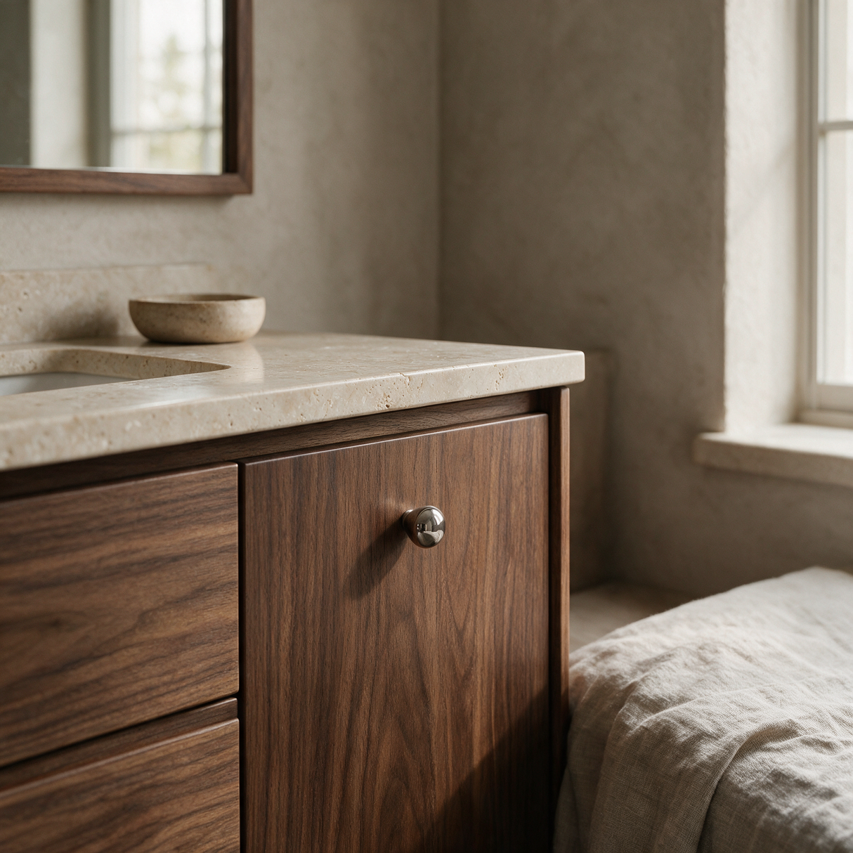 Nivara 6312.31D PVD nickel-silver brass cabinet knob installed on premium walnut cabinetry