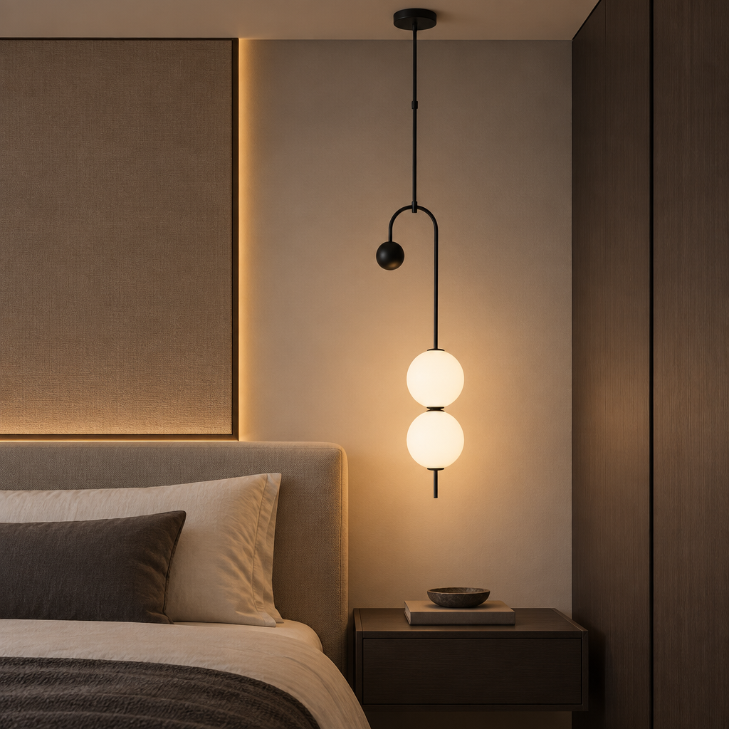 Noctis Black B pendant light with two stacked frosted globes in a premium bedroom