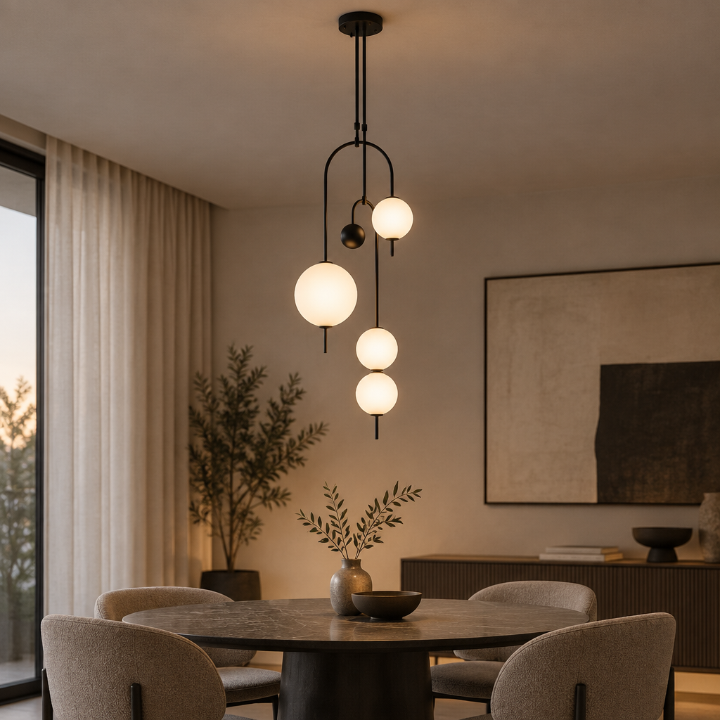 Noctis Black C four-globe pendant cluster in a premium dining interior