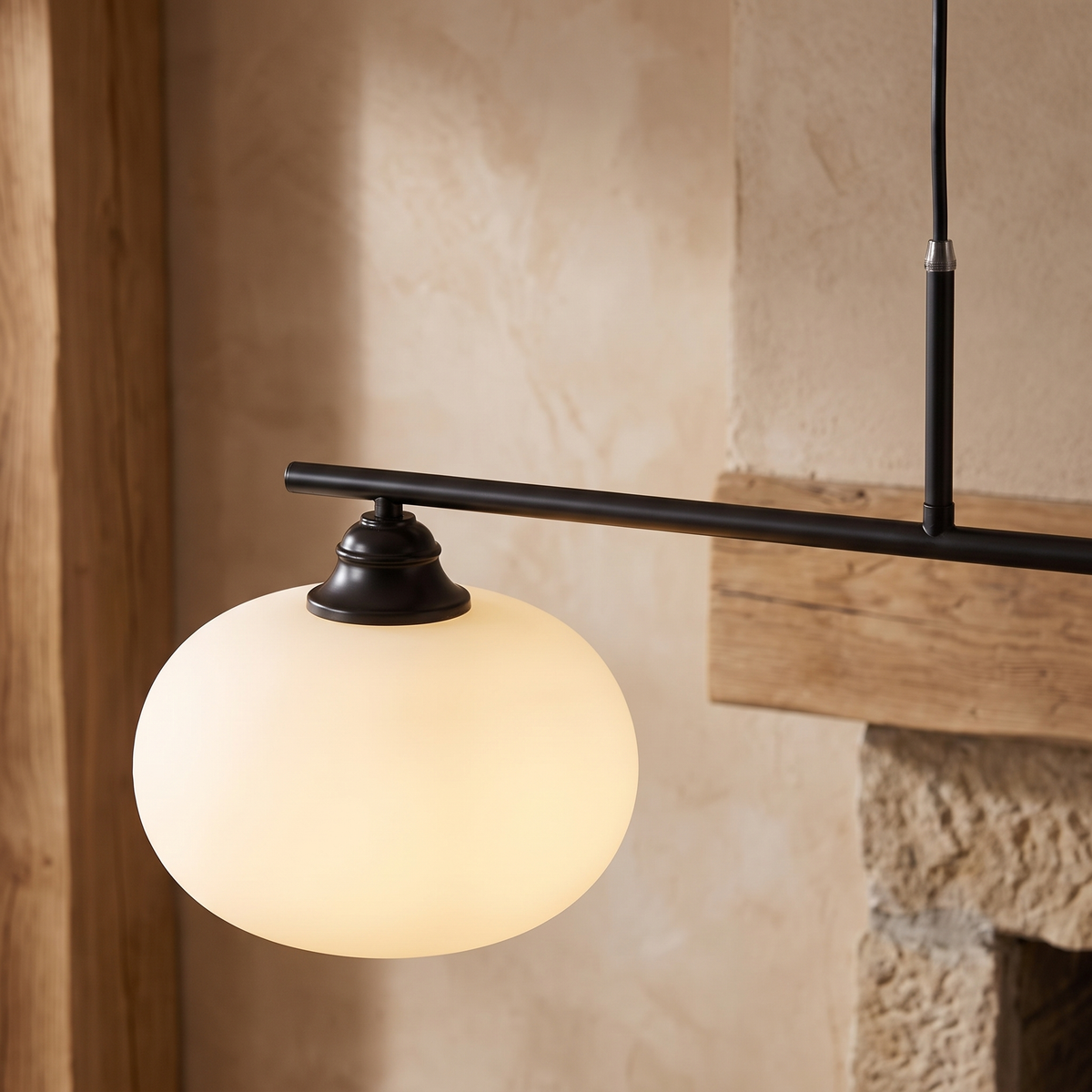 Nordic Linear Globe Chandelier – black 3-head – opal-glass and metal close detail