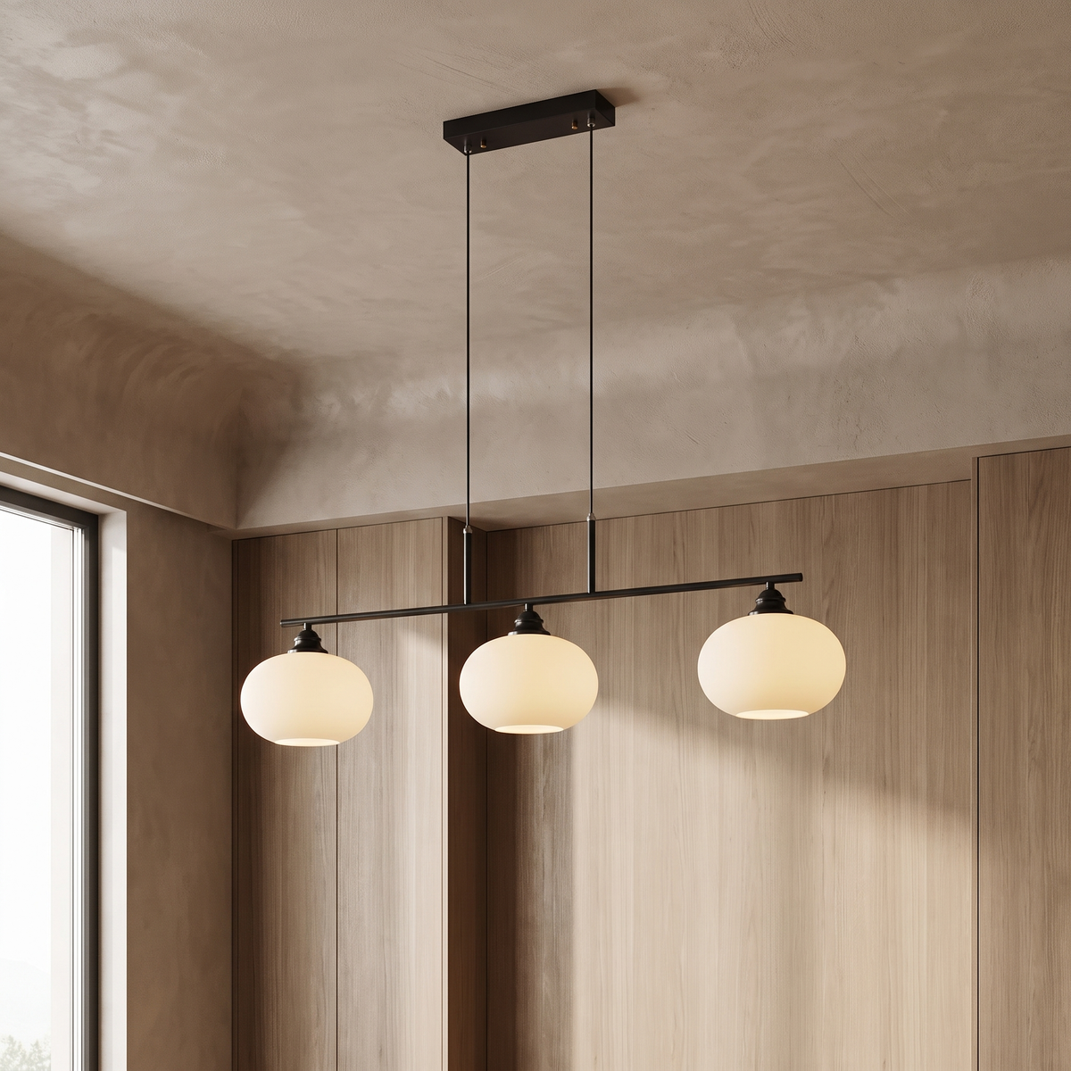 Nordic Linear Globe Chandelier – black 3-head – premium beige background