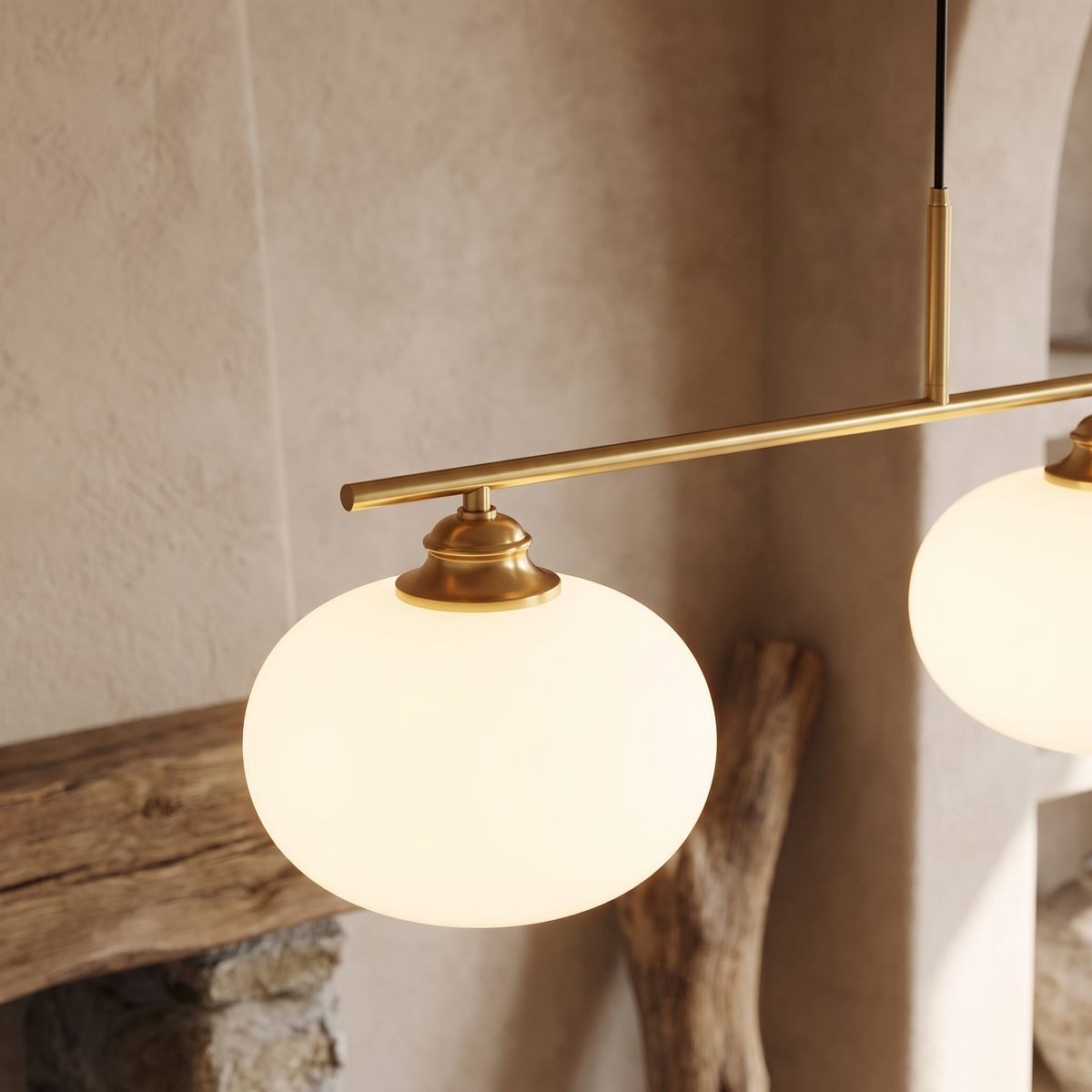 Nordic Linear Globe Chandelier – gold 3-head – opal-glass and metal close detail