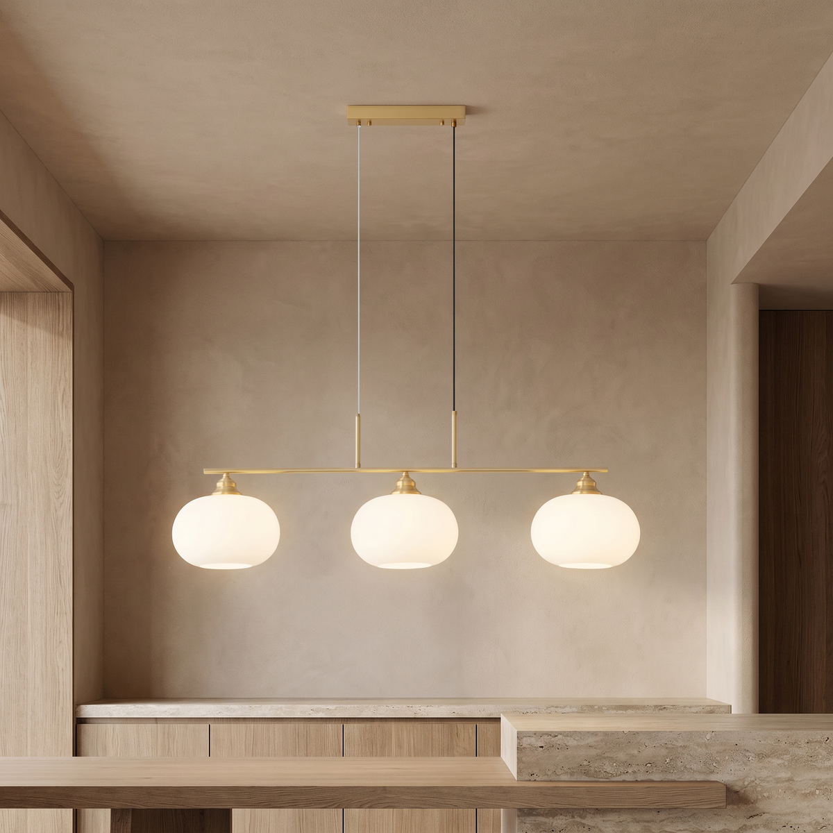 Nordic Linear Globe Chandelier – gold 3-head – premium beige background