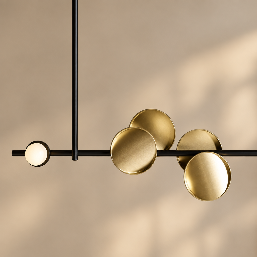 Orvella Linear Disc Chandelier – Black & Brass / 47.2 in (120 cm) – black frame and brass disc detail