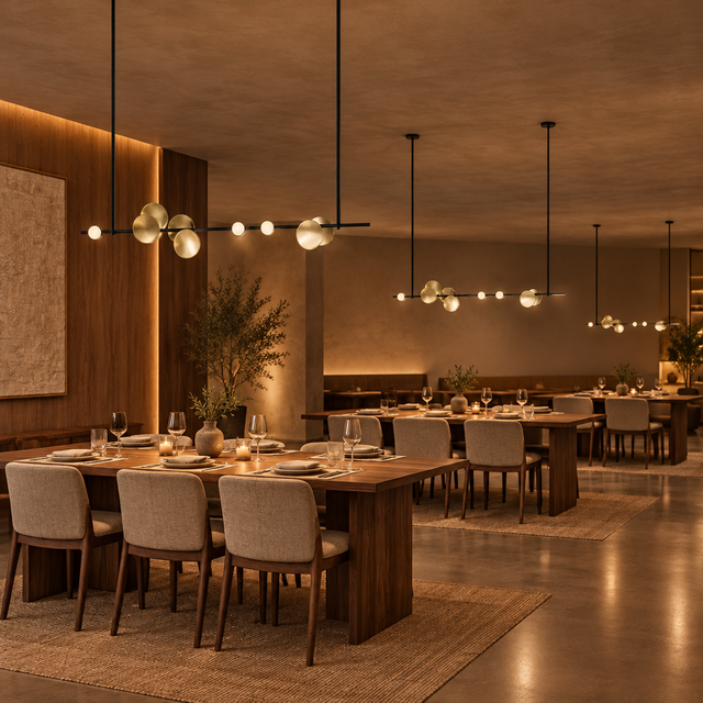 Orvella Linear Disc Chandelier – Black & Brass / 47.2 in (120 cm) – matching chandeliers over separate restaurant tables