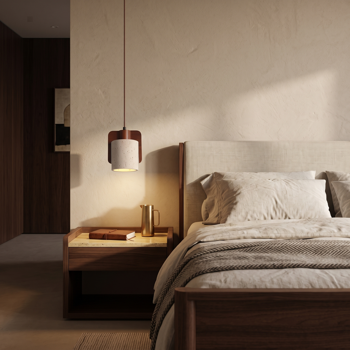 Orlena Cove Travertine & Wood Pendant Light in a luxury bedroom