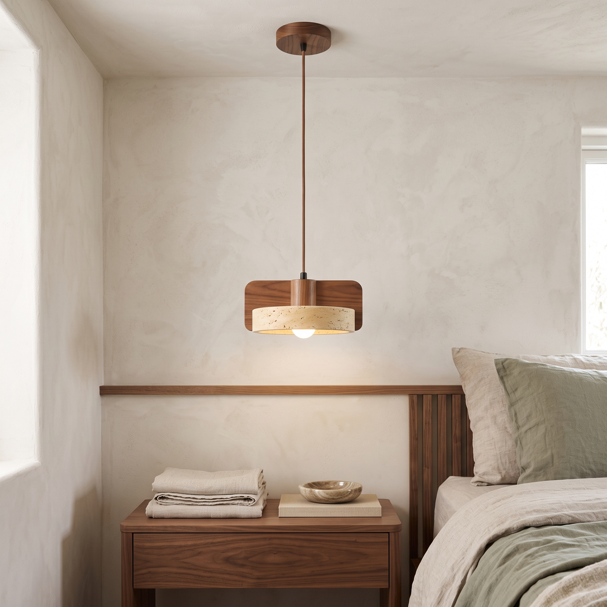 Orlena Halo Travertine & Wood Pendant Light beside a luxury bed