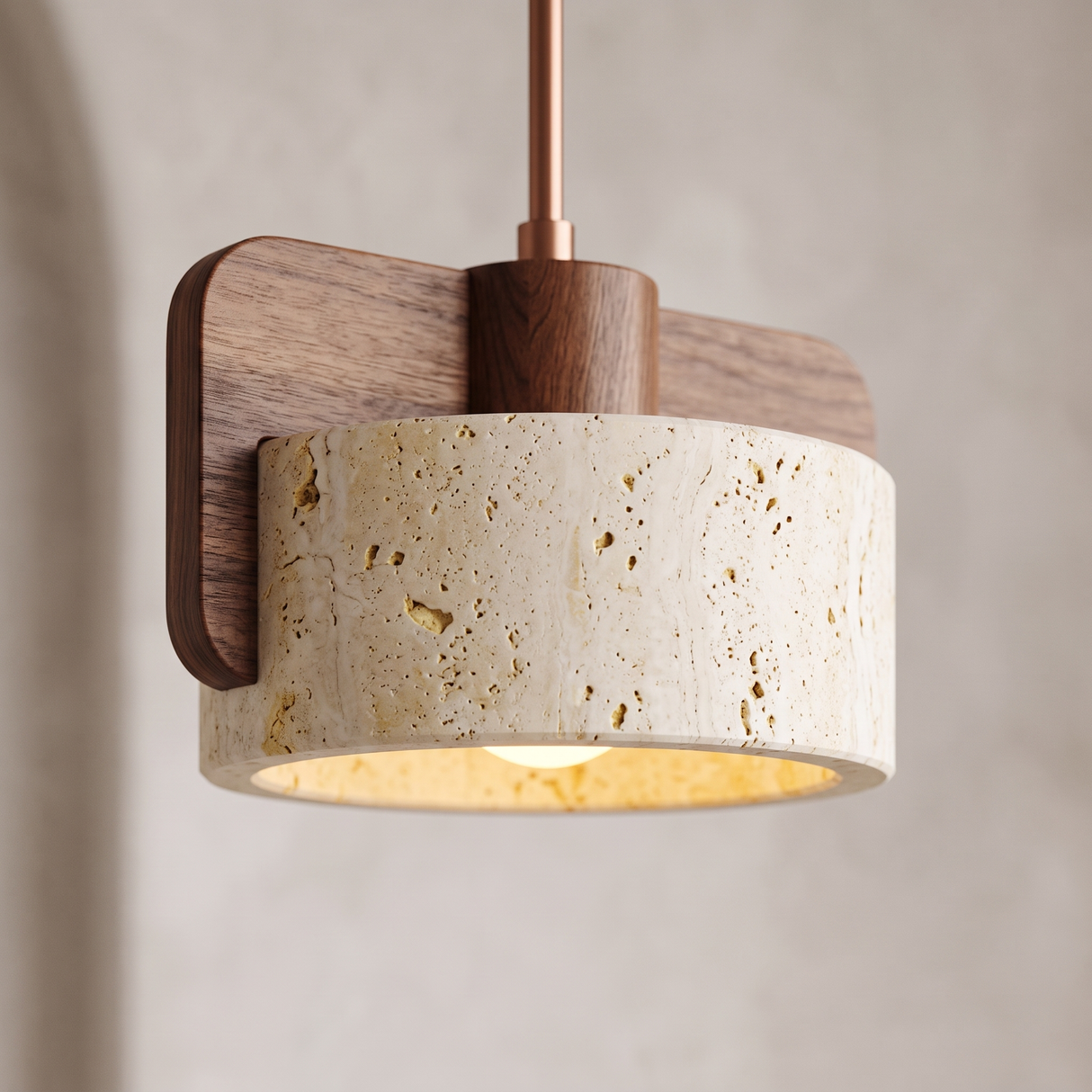 Orlena Halo pendant close-up showing natural travertine and wood