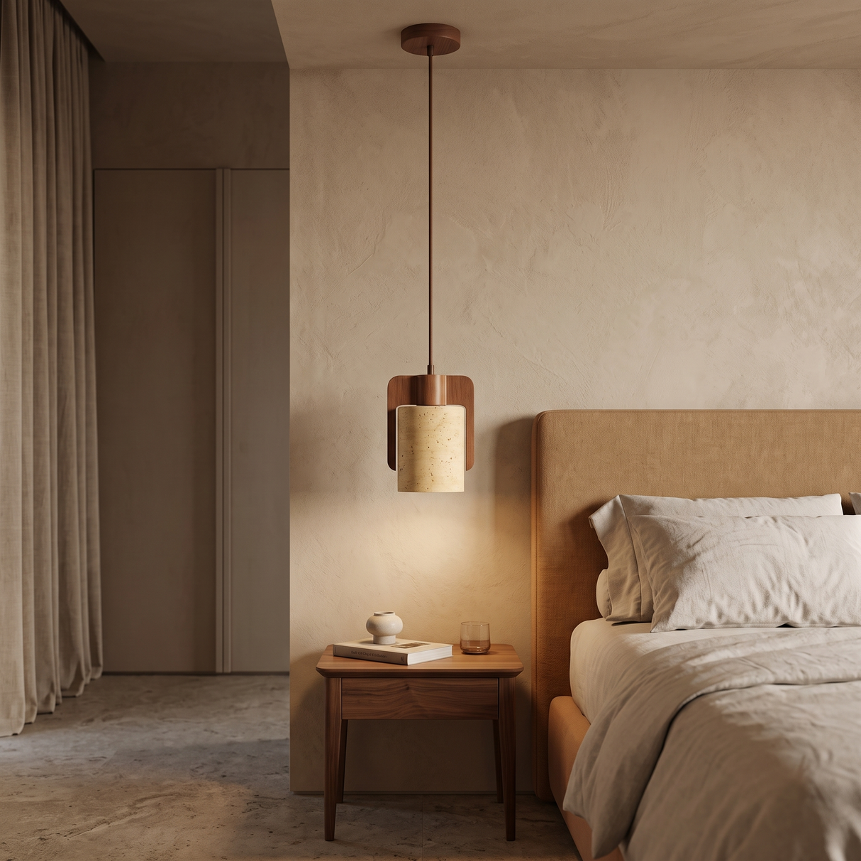 Orlena Pillar Travertine & Wood Pendant Light in a boutique hotel bedroom