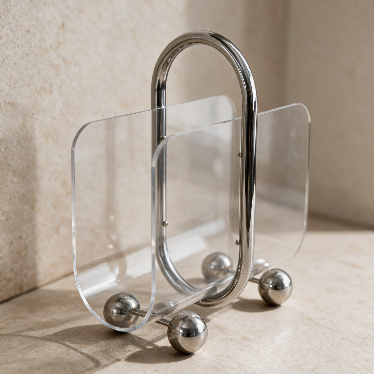 Detailed close-up of the acrylic panels and metal frame on the compact portable bookcase