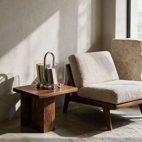 Modern compact metal and acrylic portable bookcase beside a sofa in a warm luxury living room