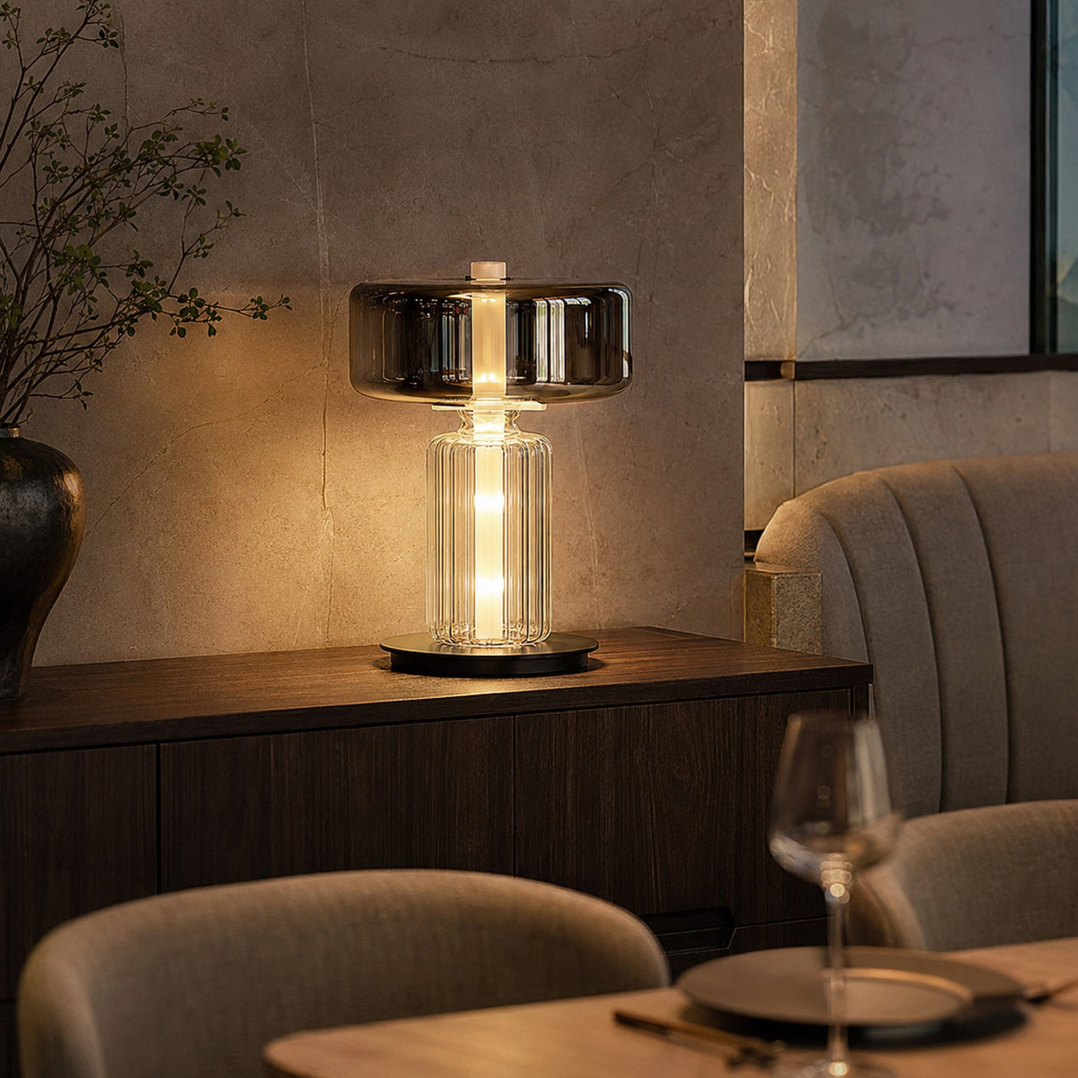 Large Postmodern glass desk lamp in a refined restaurant interior
