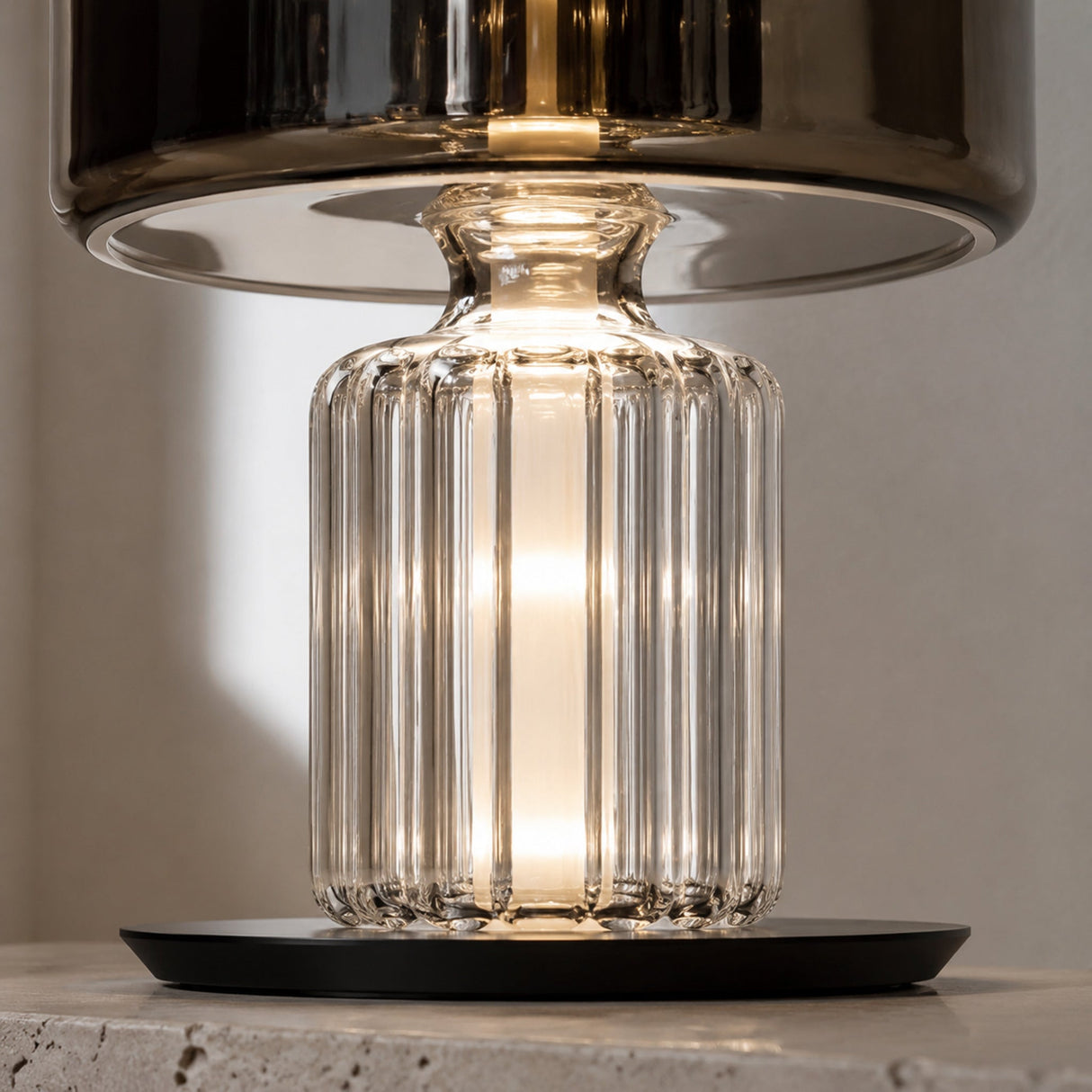 Close-up of the Postmodern lamp ribbed glass pedestal and metal junction