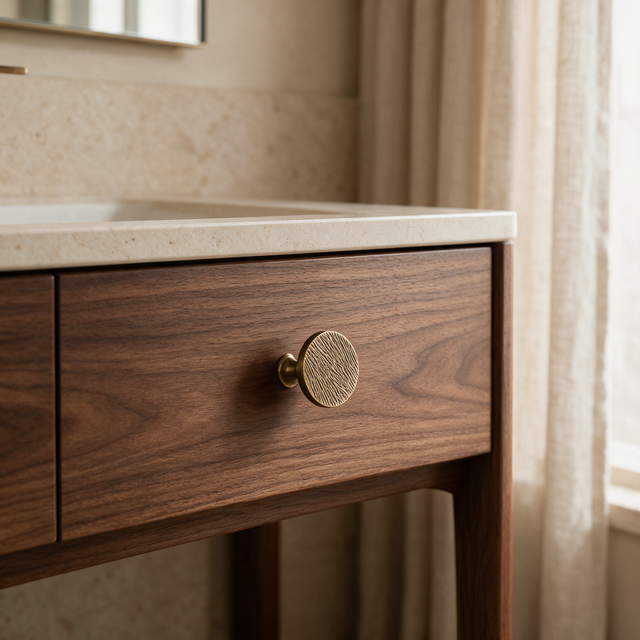 Santaya antique brass 50 mm semicircular cabinet knob on premium walnut cabinetry